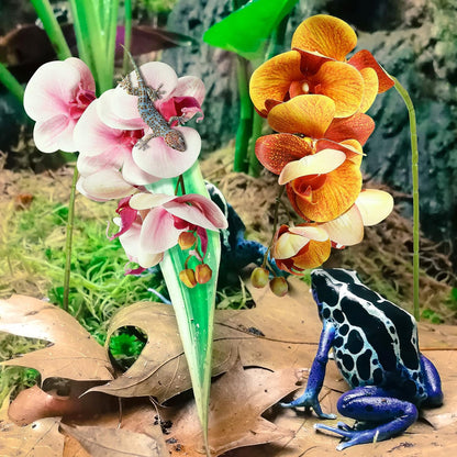 2 Pieces Artificial Phalaenopsis with Suction Cups Terrarium Plant Decoration Reptile Habitat Plant Decor for Hermit Crab Lizards Geckos Snake Reptile (Dark Pink, White Yellow)
