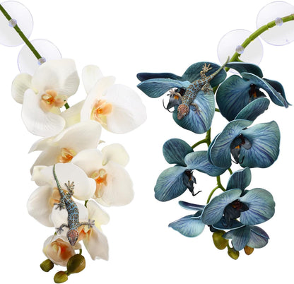 2 Pieces Artificial Phalaenopsis with Suction Cups Terrarium Plant Decoration Reptile Habitat Plant Decor for Hermit Crab Lizards Geckos Snake Reptile (Dark Pink, White Yellow)