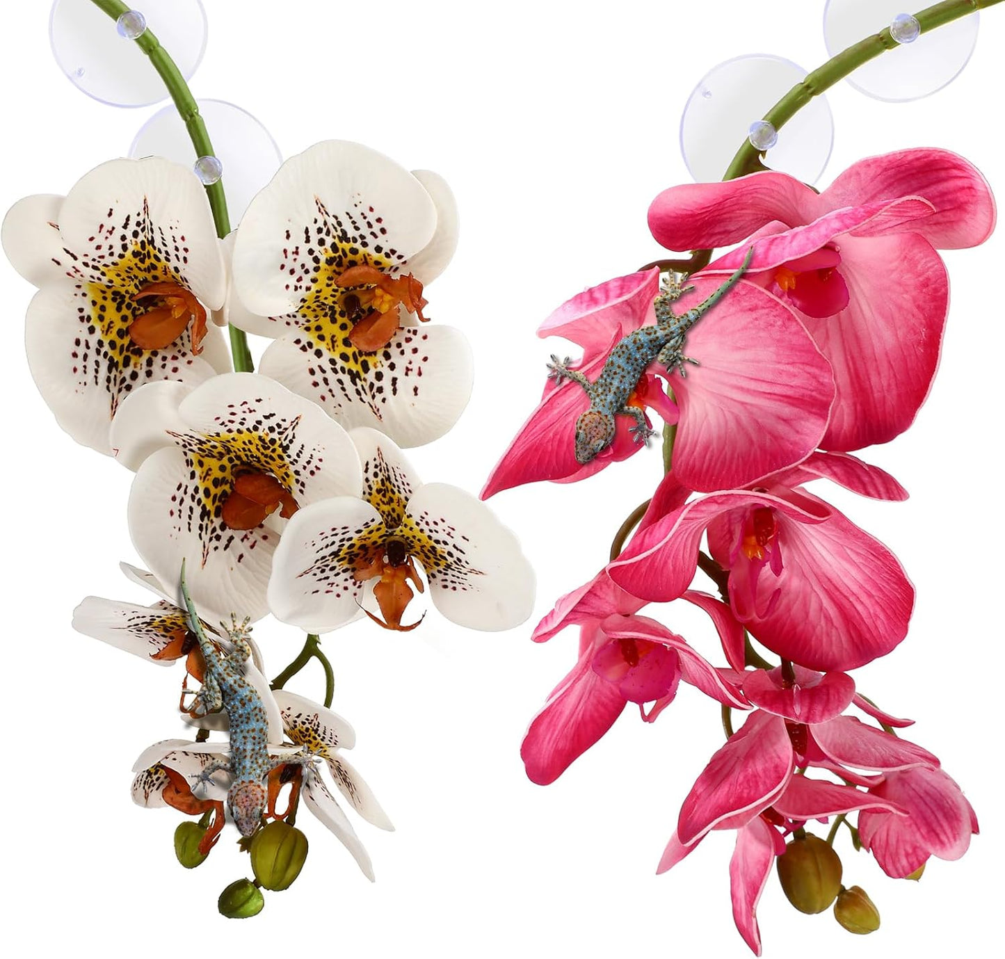 2 Pieces Artificial Phalaenopsis with Suction Cups Terrarium Plant Decoration Reptile Habitat Plant Decor for Hermit Crab Lizards Geckos Snake Reptile (Dark Pink, White Yellow)