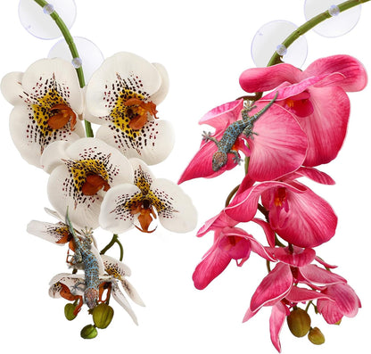 2 Pieces Artificial Phalaenopsis with Suction Cups Terrarium Plant Decoration Reptile Habitat Plant Decor for Hermit Crab Lizards Geckos Snake Reptile (Dark Pink, White Yellow)