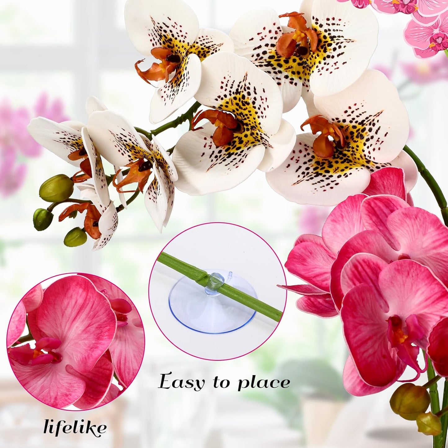 2 Pieces Artificial Phalaenopsis with Suction Cups Terrarium Plant Decoration Reptile Habitat Plant Decor for Hermit Crab Lizards Geckos Snake Reptile (Dark Pink, White Yellow)