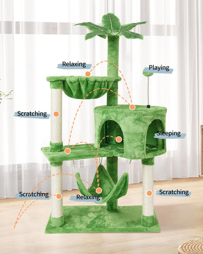 Cat Tree Cat Tower Condo with Sisal Scratching Post for Indoor Cats Tree Furniture with Hammock Perch and Kitten Ball Toys, Multi-Level Pet Activity Center (Green)