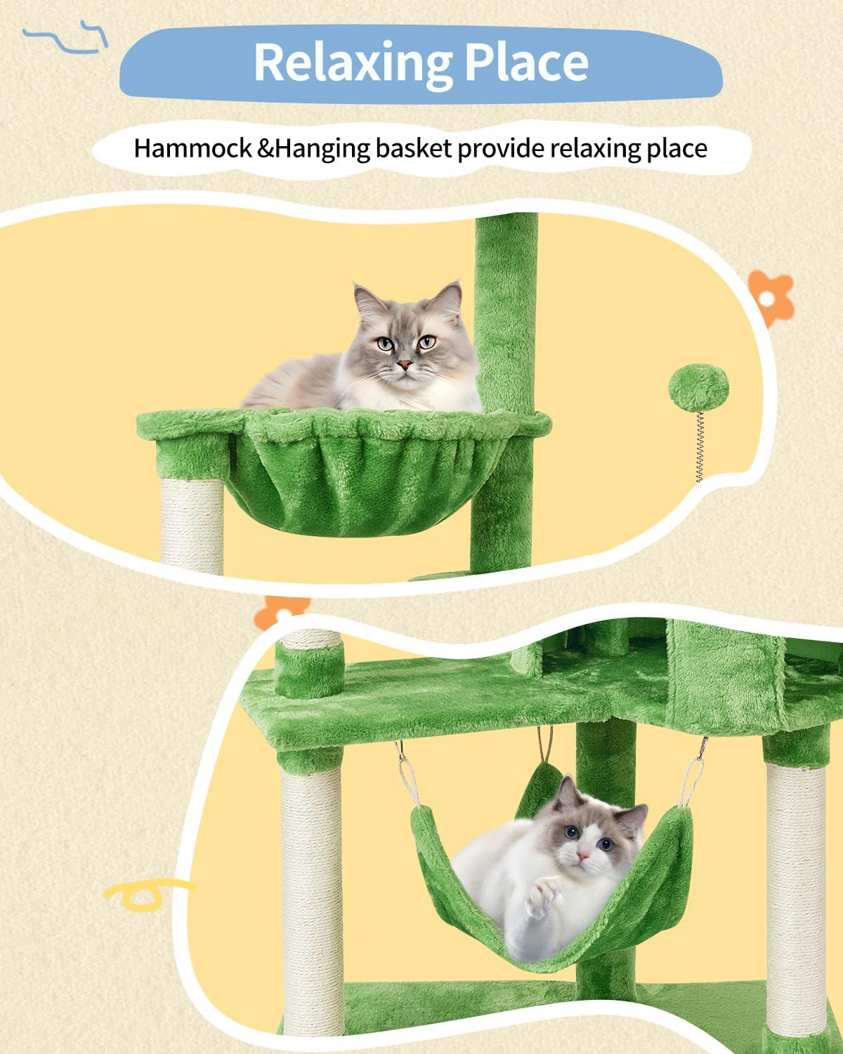 Cat Tree Cat Tower Condo with Sisal Scratching Post for Indoor Cats Tree Furniture with Hammock Perch and Kitten Ball Toys, Multi-Level Pet Activity Center (Green)