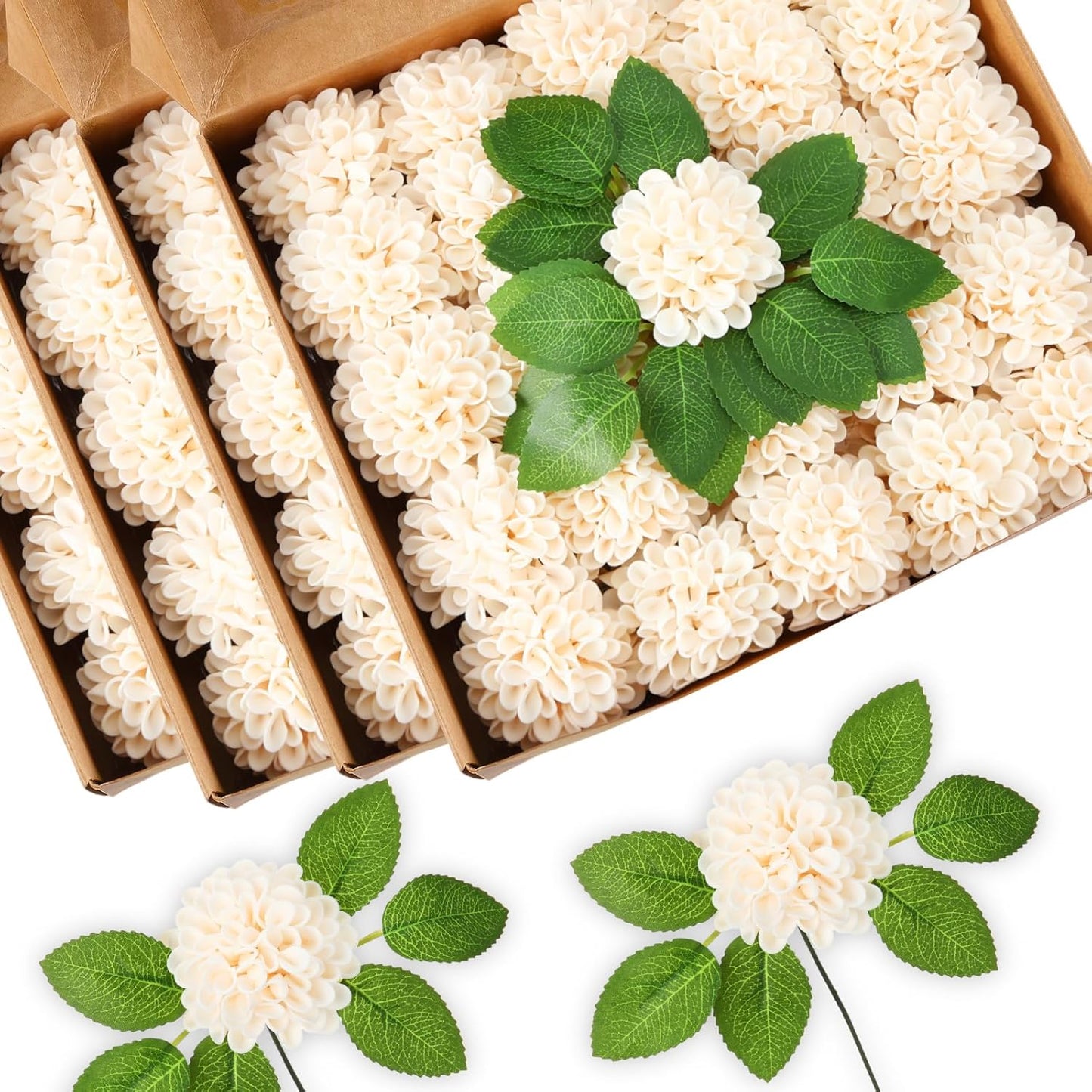 100 Pcs Artificial Dahlia Flowers Bulk Foam Roses Flowers with Stems Floral Arrangements Table Centerpiece for DIY Arrangement Bouquet Wedding Bridal Shower Party Decoration(Champagne)