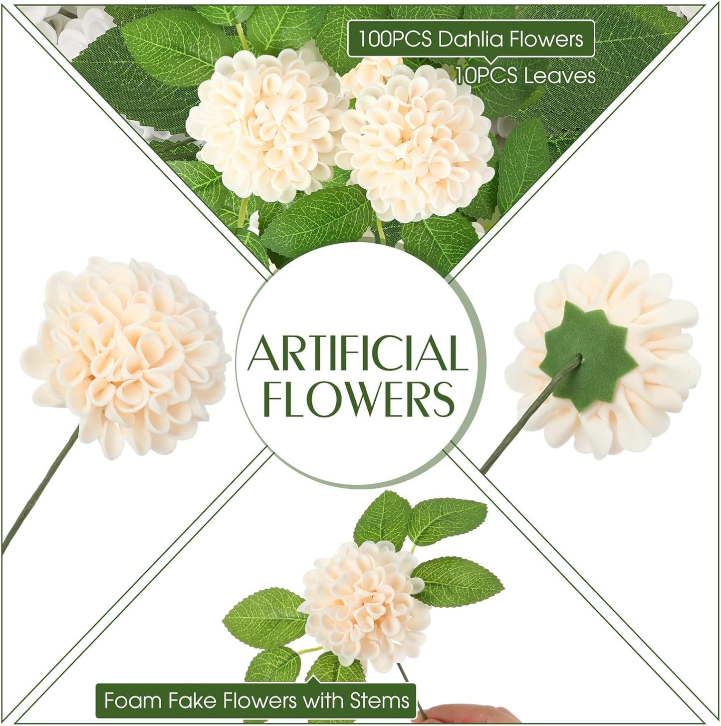 100 Pcs Artificial Dahlia Flowers Bulk Foam Roses Flowers with Stems Floral Arrangements Table Centerpiece for DIY Arrangement Bouquet Wedding Bridal Shower Party Decoration(Champagne)