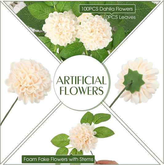 100 Pcs Artificial Dahlia Flowers Bulk Foam Roses Flowers with Stems Floral Arrangements Table Centerpiece for DIY Arrangement Bouquet Wedding Bridal Shower Party Decoration(Champagne)