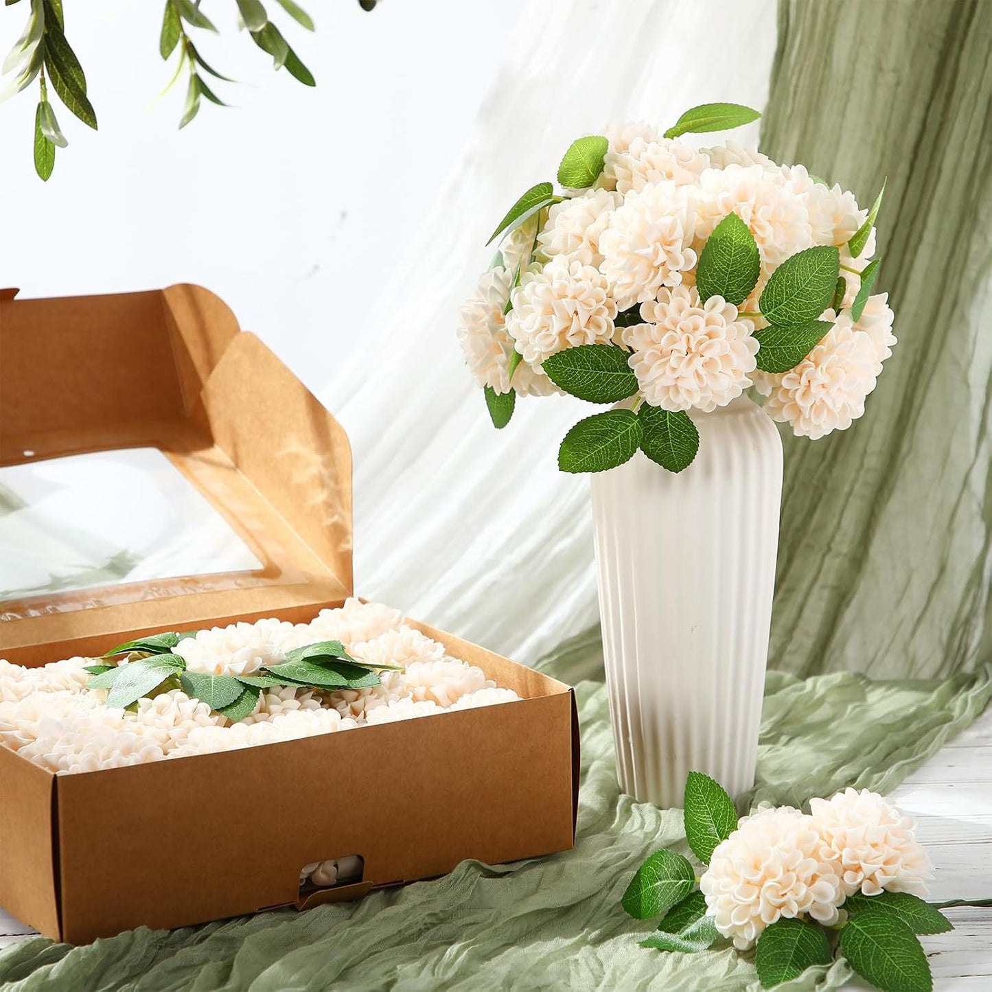 100 Pcs Artificial Dahlia Flowers Bulk Foam Roses Flowers with Stems Floral Arrangements Table Centerpiece for DIY Arrangement Bouquet Wedding Bridal Shower Party Decoration(Champagne)