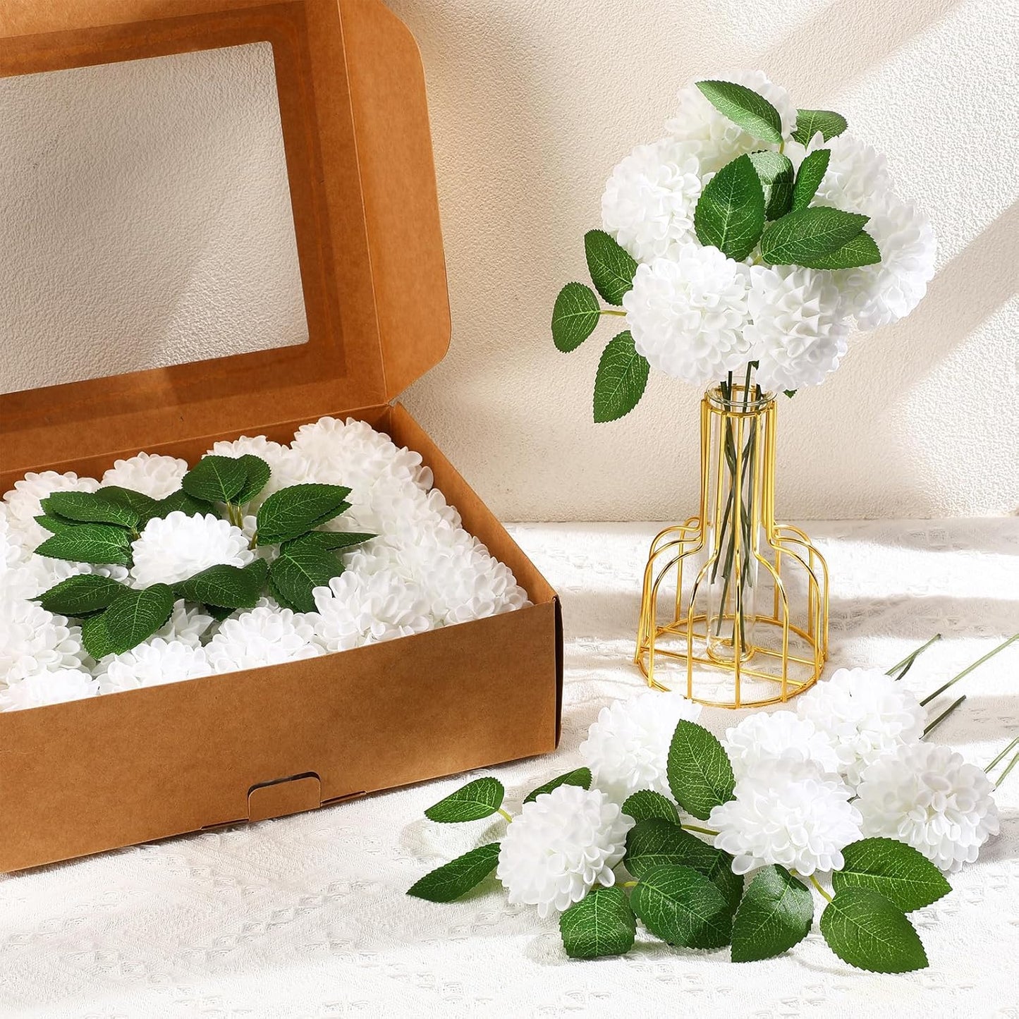 100 Pcs Artificial Dahlia Flowers Bulk Foam Roses Flowers with Stems Floral Arrangements Table Centerpiece for DIY Arrangement Bouquet Wedding Bridal Shower Party Decoration(Champagne)
