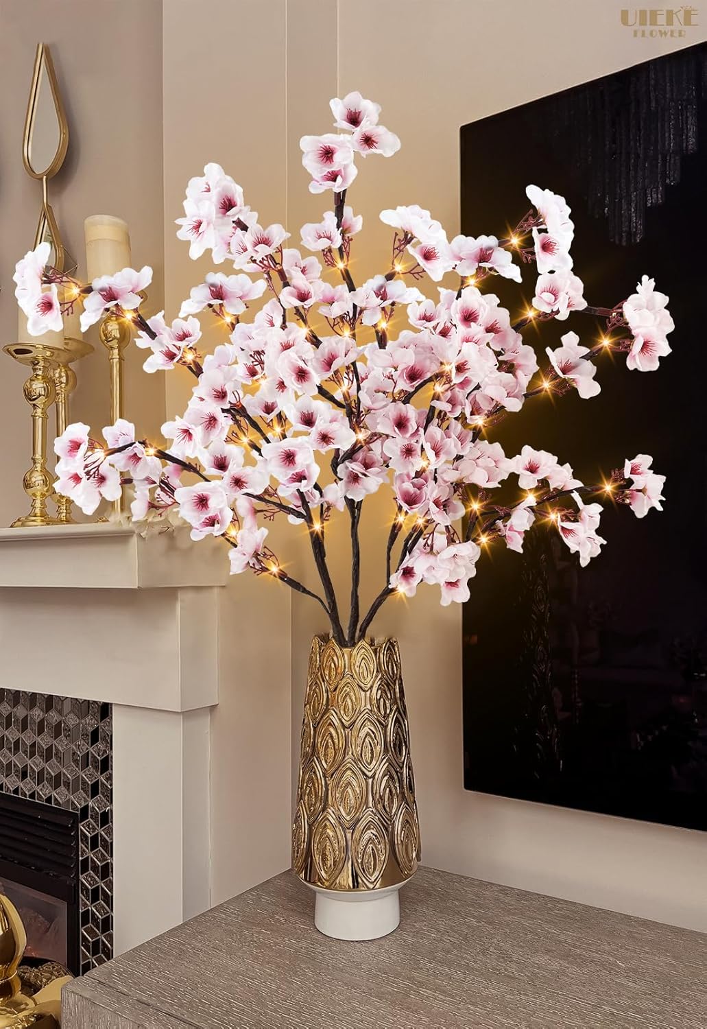 8Pcs Artificial Cherry Blossom Flowers, Silk Cherry Blossom Branches, Fake Plum Blossom Flowers Arrangement for DIY Home Wedding Tree Party Decor Pink
