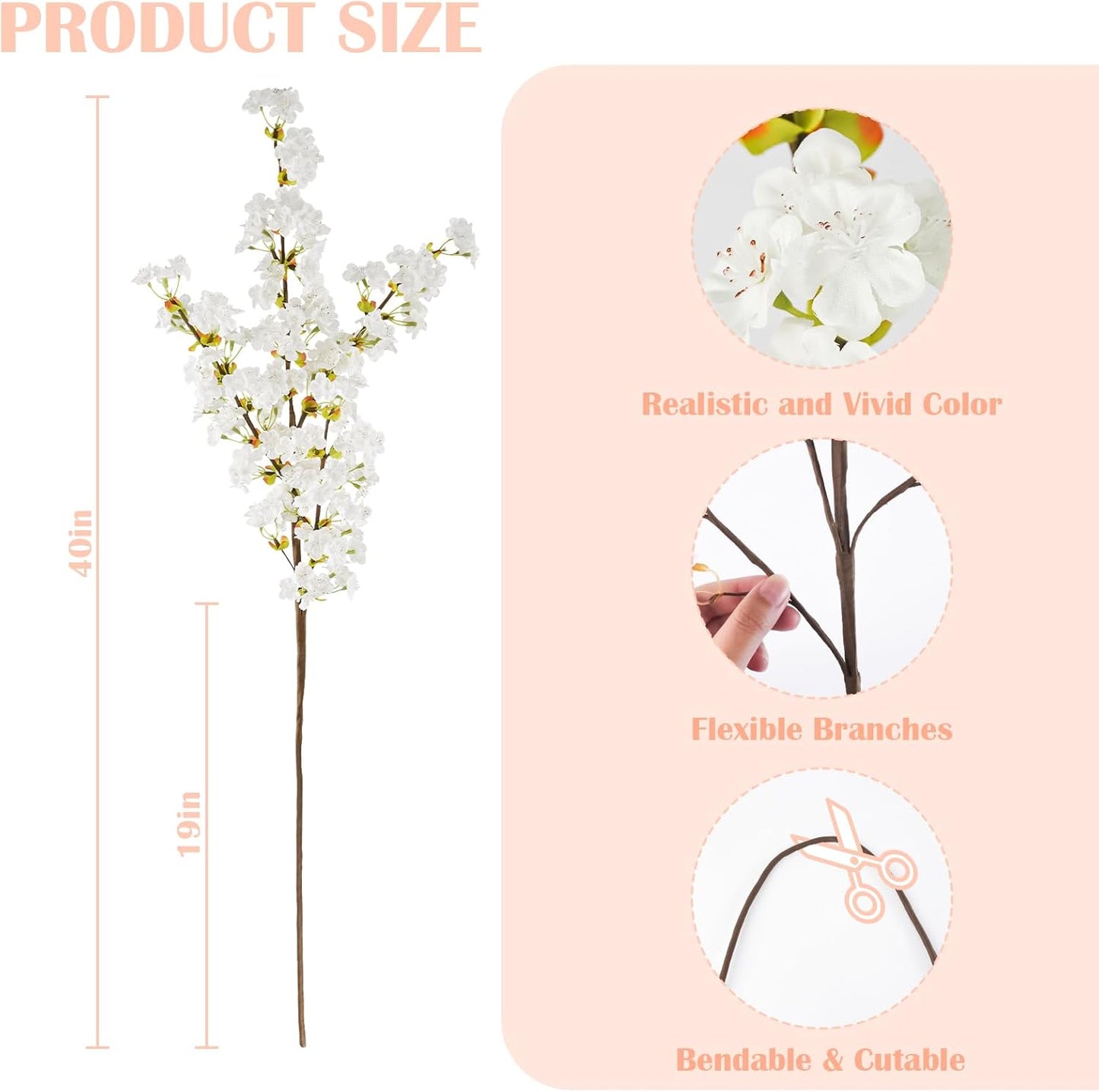 8Pcs Artificial Cherry Blossom Flowers, Silk Cherry Blossom Branches, Fake Plum Blossom Flowers Arrangement for DIY Home Wedding Tree Party Decor Pink