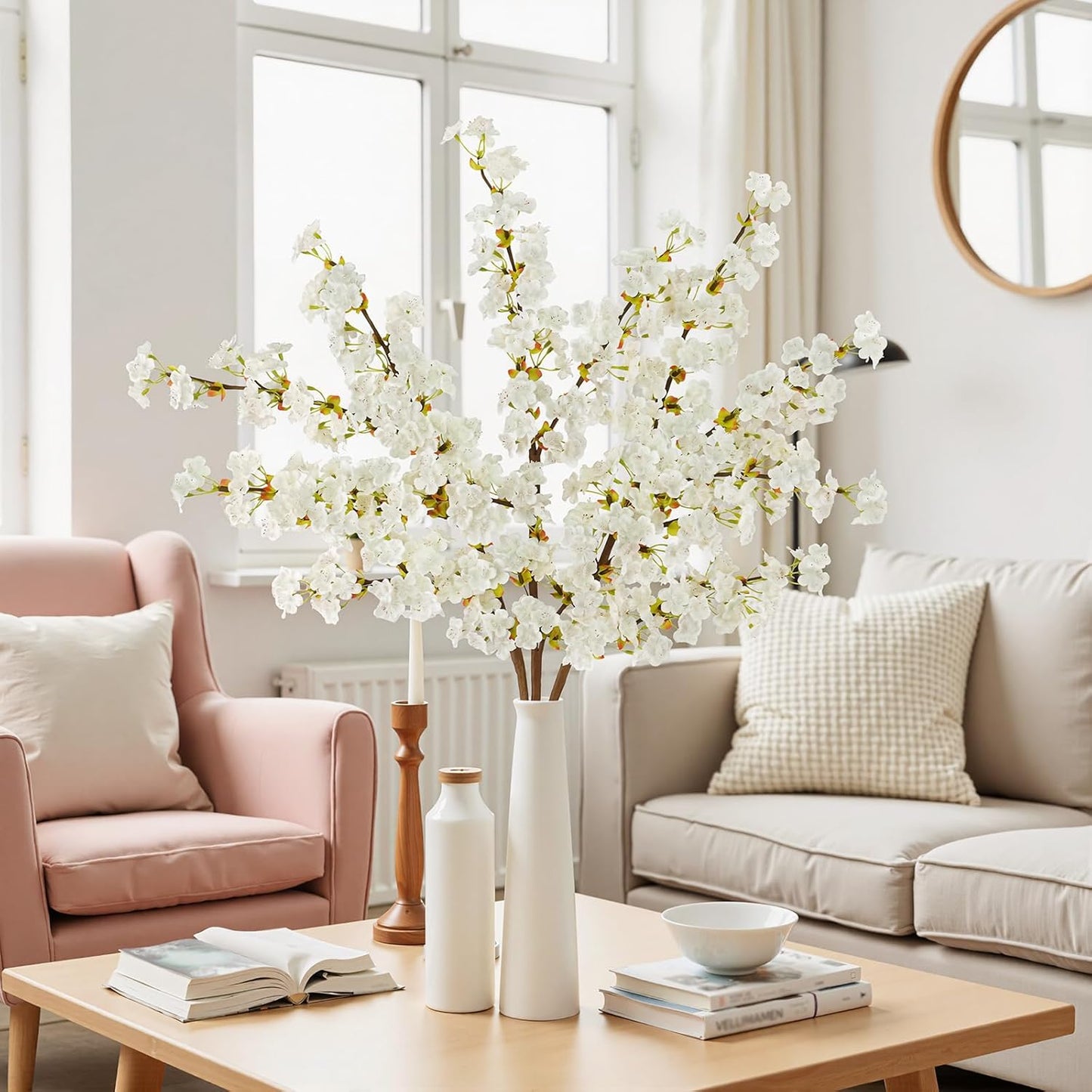 8Pcs Artificial Cherry Blossom Flowers, Silk Cherry Blossom Branches, Fake Plum Blossom Flowers Arrangement for DIY Home Wedding Tree Party Decor Pink