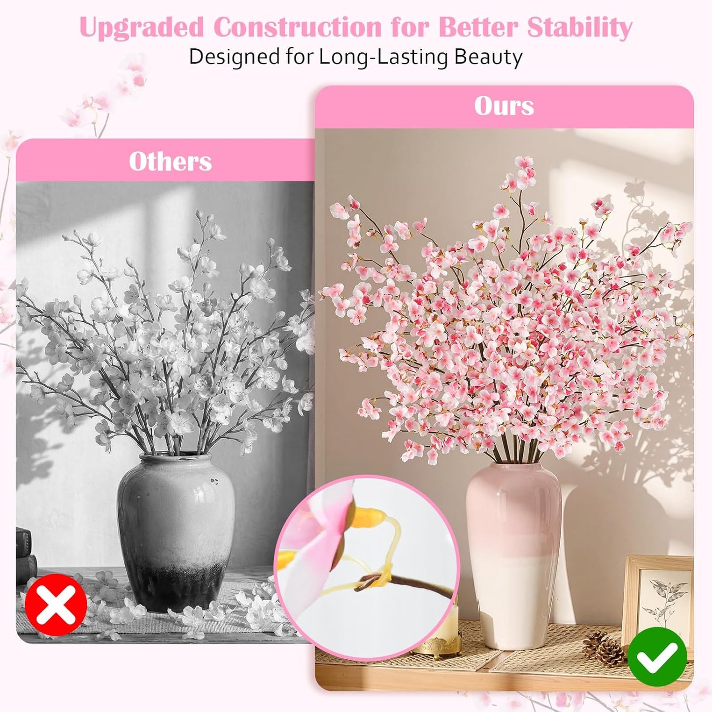 8Pcs Artificial Cherry Blossom Flowers, Silk Cherry Blossom Branches, Fake Plum Blossom Flowers Arrangement for DIY Home Wedding Tree Party Decor Pink