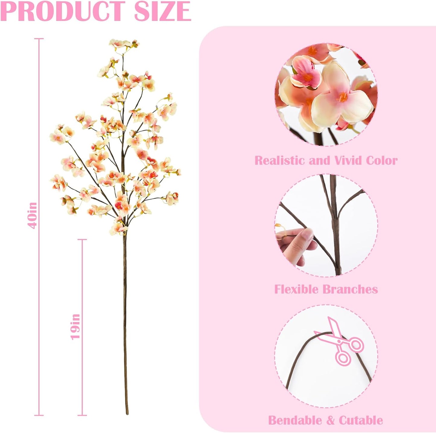 8Pcs Artificial Cherry Blossom Flowers, Silk Cherry Blossom Branches, Fake Plum Blossom Flowers Arrangement for DIY Home Wedding Tree Party Decor Pink