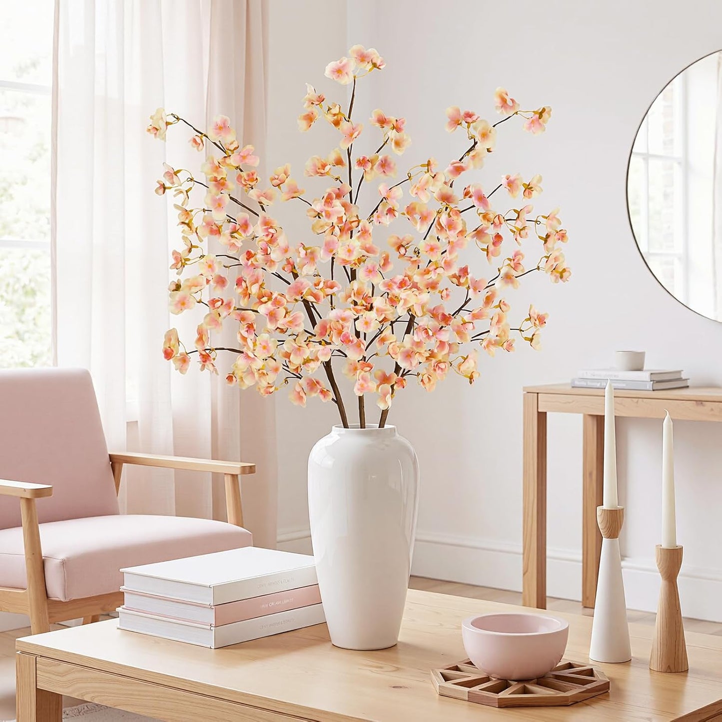 8Pcs Artificial Cherry Blossom Flowers, Silk Cherry Blossom Branches, Fake Plum Blossom Flowers Arrangement for DIY Home Wedding Tree Party Decor Pink