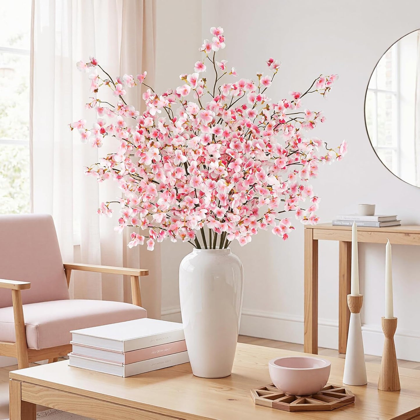8Pcs Artificial Cherry Blossom Flowers, Silk Cherry Blossom Branches, Fake Plum Blossom Flowers Arrangement for DIY Home Wedding Tree Party Decor Pink