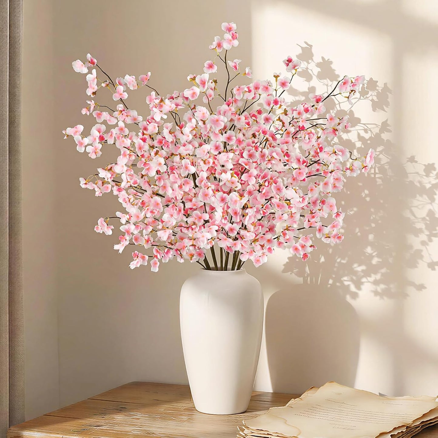 8Pcs Artificial Cherry Blossom Flowers, Silk Cherry Blossom Branches, Fake Plum Blossom Flowers Arrangement for DIY Home Wedding Tree Party Decor Pink