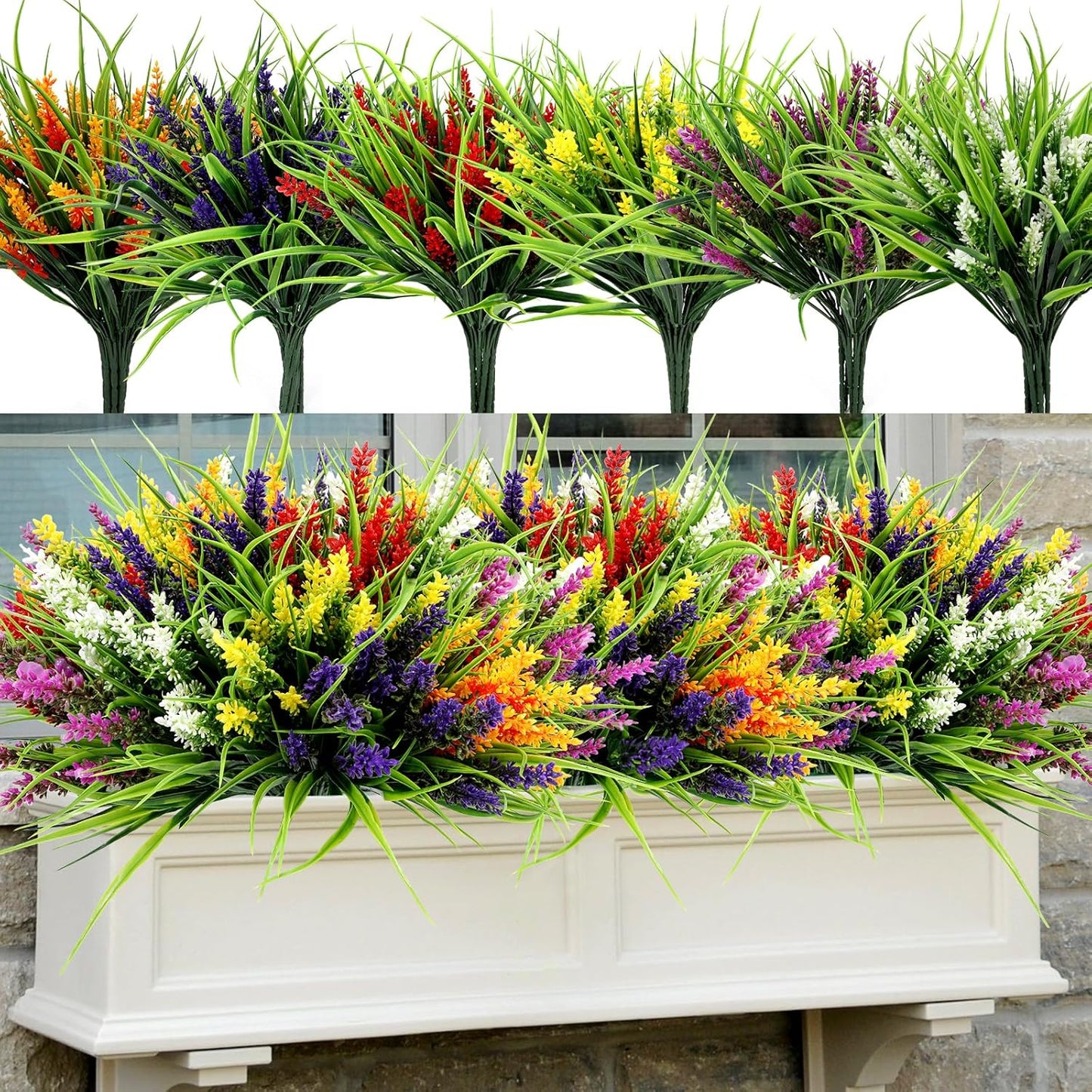 48 Bundles Artificial Lavender Flowers Outdoor UV Resistant, Purple | Faux Plants with Monkey Grass, Realistic Plastic Flowers for Garden Porch Window Box Patio Hanging Planter Decor