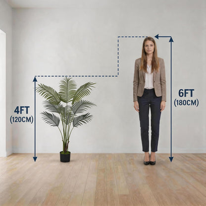 Artificial Areca Palm Tree 4FT Faux Tropical Plant in Pot | Realistic 4ft Silk Palm with 9 Bendable Fronds, UV Protected, No Watering or Care Needed, Black Pot Included, Easy Setup