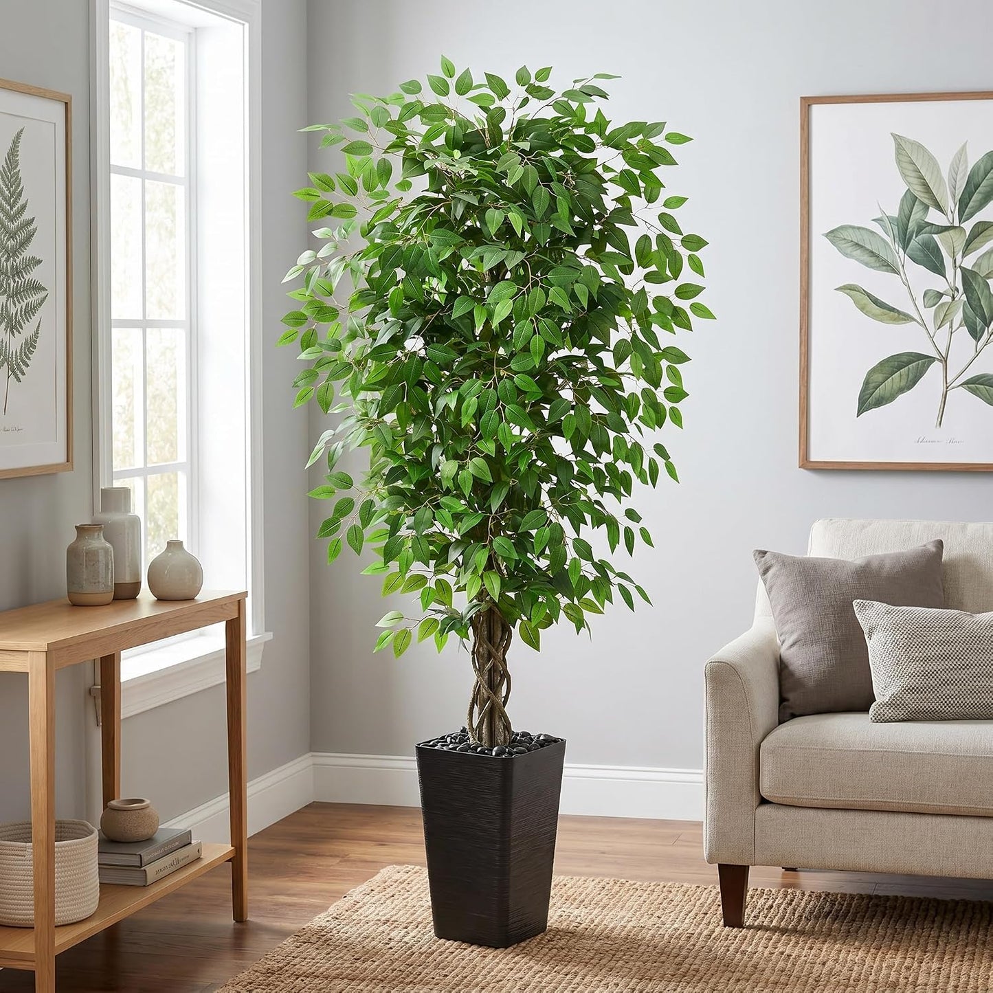 Artificial Ficus Tree Indoor, 6FT Realistic Large Fake Trees | Lifelike Lush Faux Silk Ficus Plant with White Planter, Tall Artificial Plants for Home Room House Office Greenery Decor
