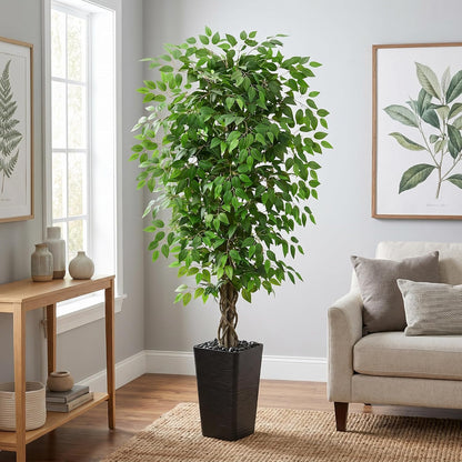 Artificial Ficus Tree Indoor, 6FT Realistic Large Fake Trees | Lifelike Lush Faux Silk Ficus Plant with White Planter, Tall Artificial Plants for Home Room House Office Greenery Decor