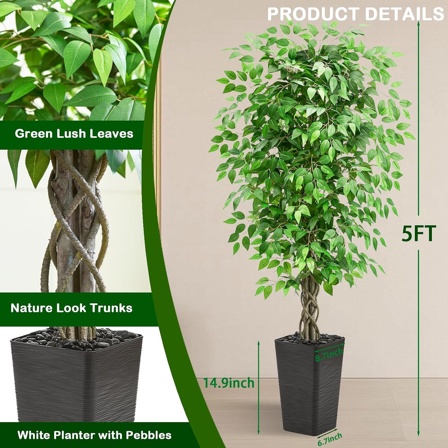 Artificial Ficus Tree Indoor, 6FT Realistic Large Fake Trees | Lifelike Lush Faux Silk Ficus Plant with White Planter, Tall Artificial Plants for Home Room House Office Greenery Decor