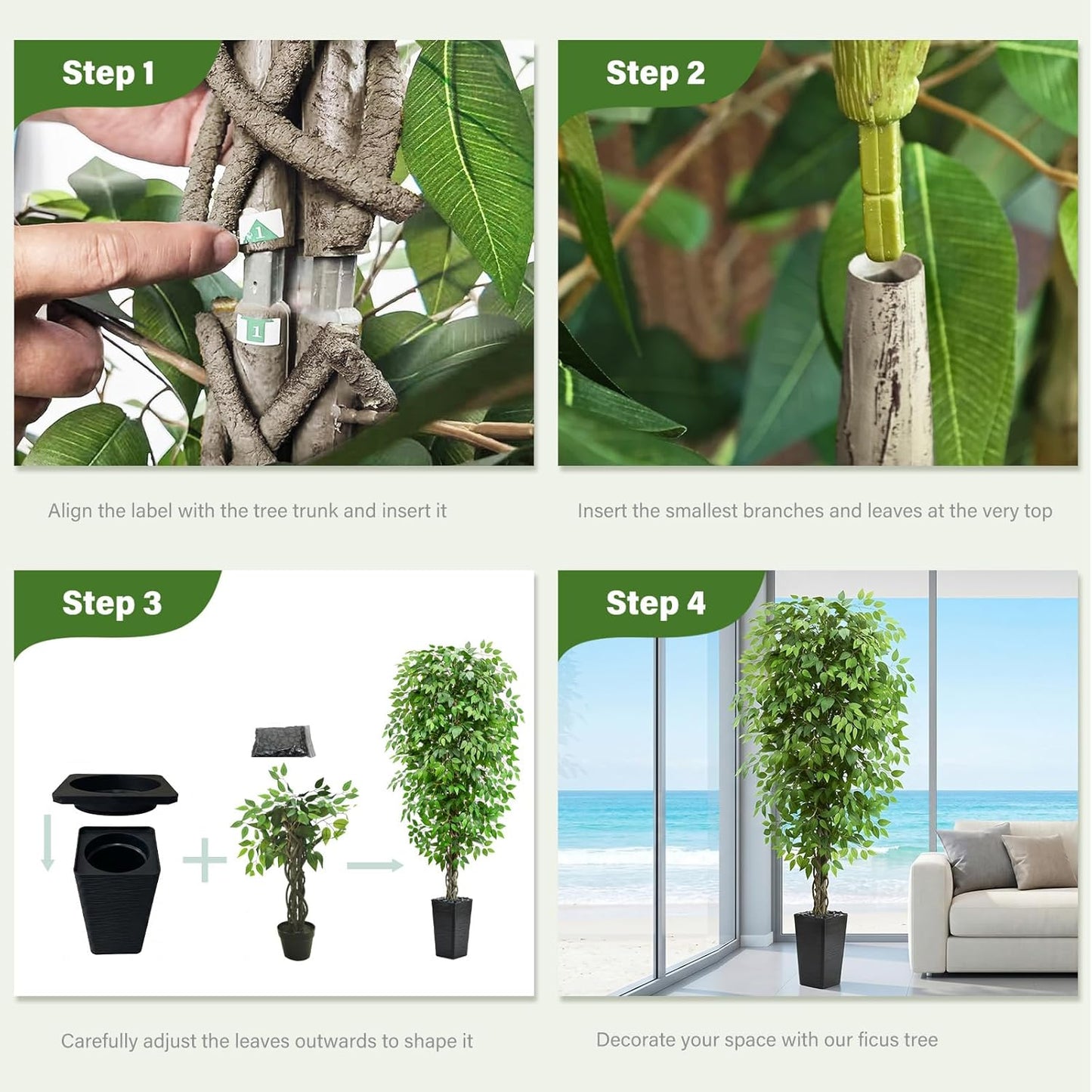 Artificial Ficus Tree Indoor, 6FT Realistic Large Fake Trees | Lifelike Lush Faux Silk Ficus Plant with White Planter, Tall Artificial Plants for Home Room House Office Greenery Decor