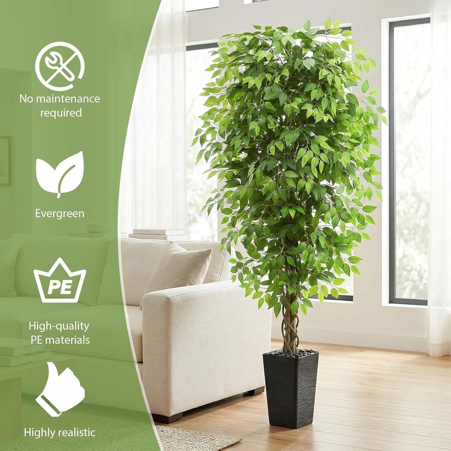 Artificial Ficus Tree Indoor, 6FT Realistic Large Fake Trees | Lifelike Lush Faux Silk Ficus Plant with White Planter, Tall Artificial Plants for Home Room House Office Greenery Decor