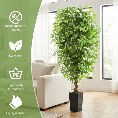 Artificial Ficus Tree Indoor, 6FT Realistic Large Fake Trees | Lifelike Lush Faux Silk Ficus Plant with White Planter, Tall Artificial Plants for Home Room House Office Greenery Decor
