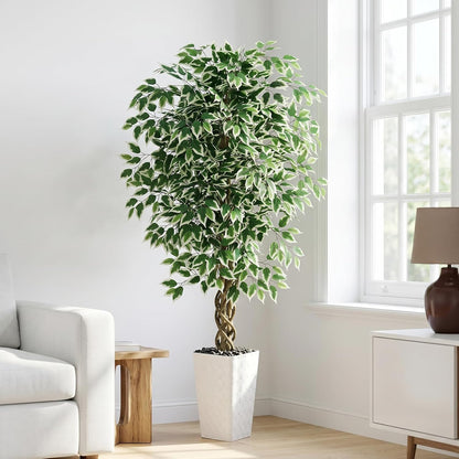 Artificial Ficus Tree Indoor, 6FT Realistic Large Fake Trees | Lifelike Lush Faux Silk Ficus Plant with White Planter, Tall Artificial Plants for Home Room House Office Greenery Decor