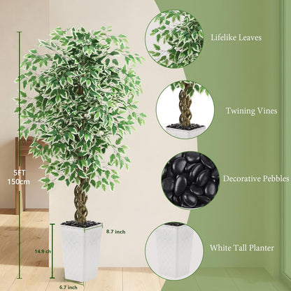 Artificial Ficus Tree Indoor, 6FT Realistic Large Fake Trees | Lifelike Lush Faux Silk Ficus Plant with White Planter, Tall Artificial Plants for Home Room House Office Greenery Decor