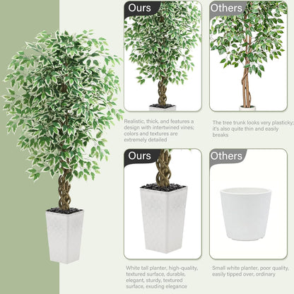 Artificial Ficus Tree Indoor, 6FT Realistic Large Fake Trees | Lifelike Lush Faux Silk Ficus Plant with White Planter, Tall Artificial Plants for Home Room House Office Greenery Decor