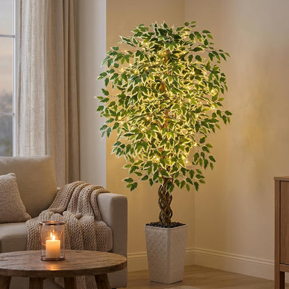Artificial Ficus Tree Indoor, 6FT Realistic Large Fake Trees | Lifelike Lush Faux Silk Ficus Plant with White Planter, Tall Artificial Plants for Home Room House Office Greenery Decor
