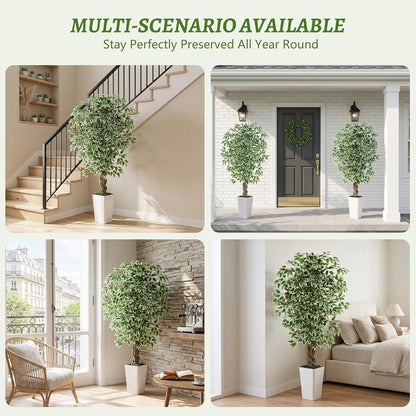 Artificial Ficus Tree Indoor, 6FT Realistic Large Fake Trees | Lifelike Lush Faux Silk Ficus Plant with White Planter, Tall Artificial Plants for Home Room House Office Greenery Decor