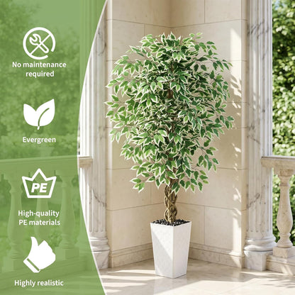 Artificial Ficus Tree Indoor, 6FT Realistic Large Fake Trees | Lifelike Lush Faux Silk Ficus Plant with White Planter, Tall Artificial Plants for Home Room House Office Greenery Decor