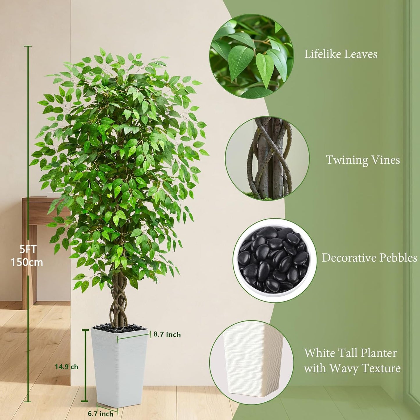 Artificial Ficus Tree Indoor, 6FT Realistic Large Fake Trees | Lifelike Lush Faux Silk Ficus Plant with White Planter, Tall Artificial Plants for Home Room House Office Greenery Decor
