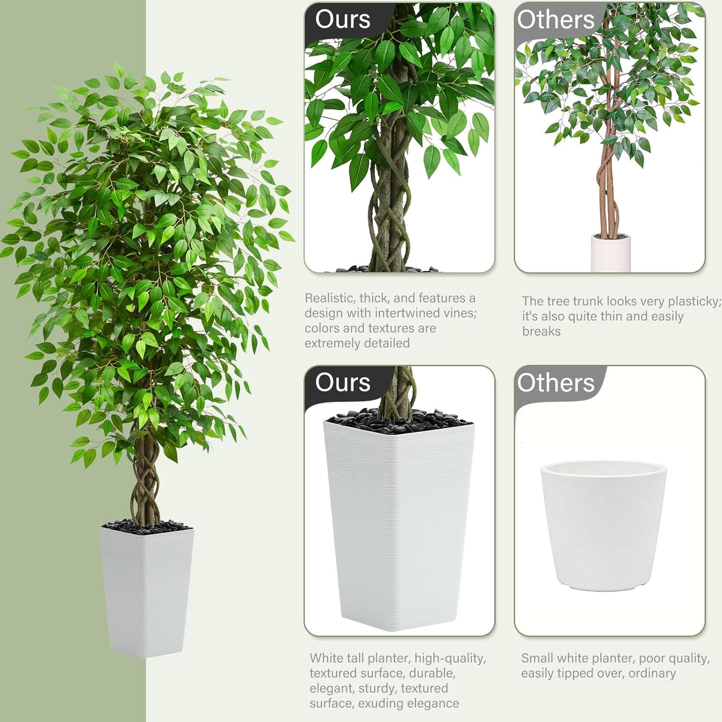 Artificial Ficus Tree Indoor, 6FT Realistic Large Fake Trees | Lifelike Lush Faux Silk Ficus Plant with White Planter, Tall Artificial Plants for Home Room House Office Greenery Decor