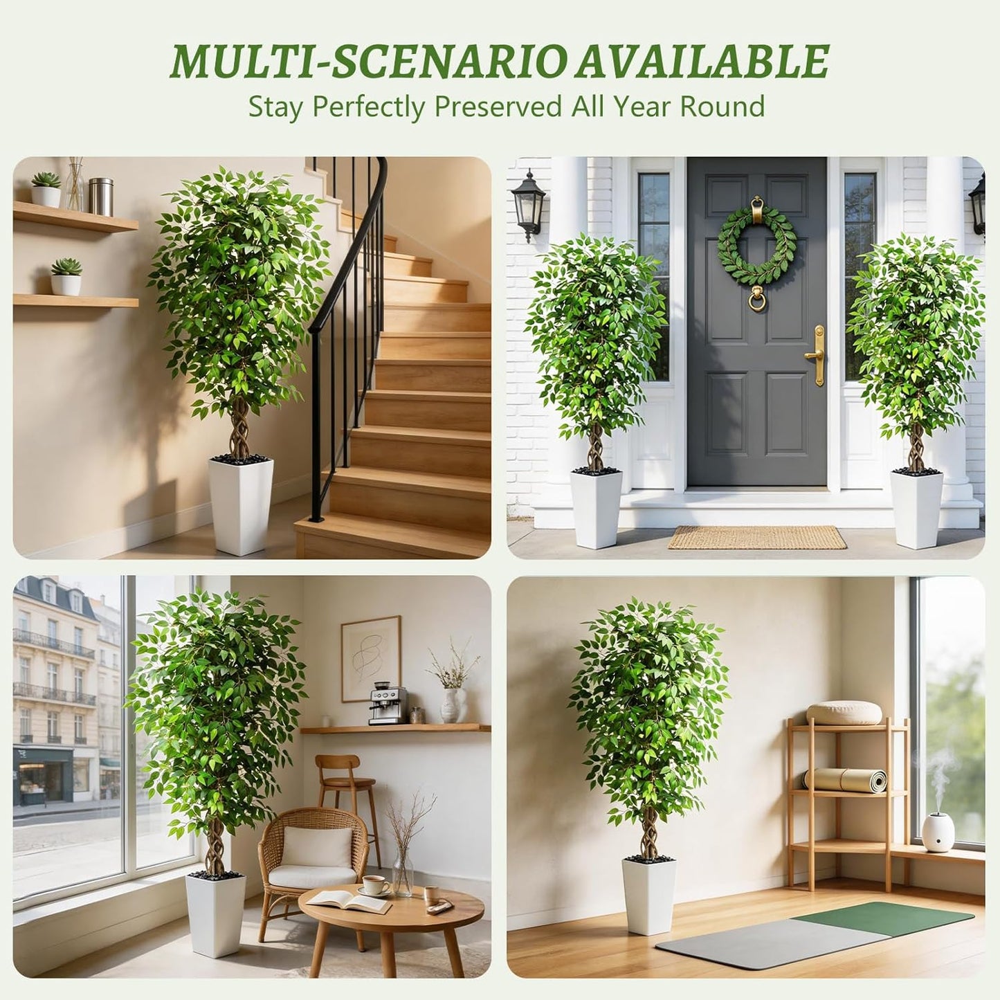 Artificial Ficus Tree Indoor, 6FT Realistic Large Fake Trees | Lifelike Lush Faux Silk Ficus Plant with White Planter, Tall Artificial Plants for Home Room House Office Greenery Decor