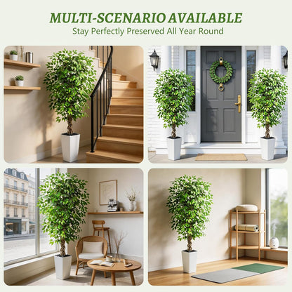 Artificial Ficus Tree Indoor, 6FT Realistic Large Fake Trees | Lifelike Lush Faux Silk Ficus Plant with White Planter, Tall Artificial Plants for Home Room House Office Greenery Decor