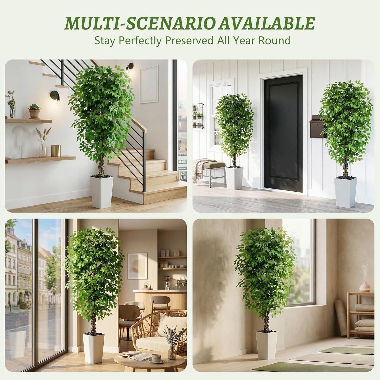 Artificial Ficus Tree Indoor, 6FT Realistic Large Fake Trees | Lifelike Lush Faux Silk Ficus Plant with White Planter, Tall Artificial Plants for Home Room House Office Greenery Decor