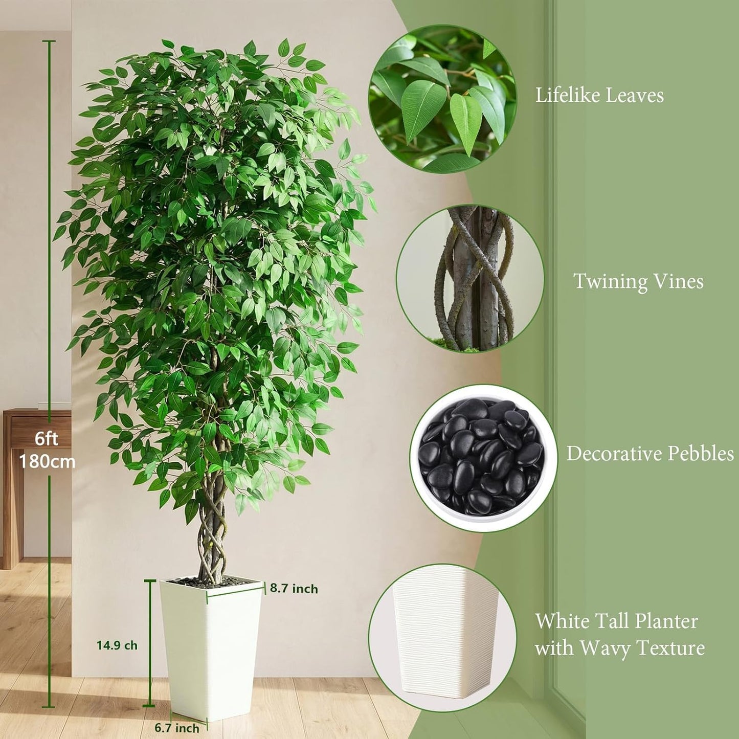Artificial Ficus Tree Indoor, 6FT Realistic Large Fake Trees | Lifelike Lush Faux Silk Ficus Plant with White Planter, Tall Artificial Plants for Home Room House Office Greenery Decor