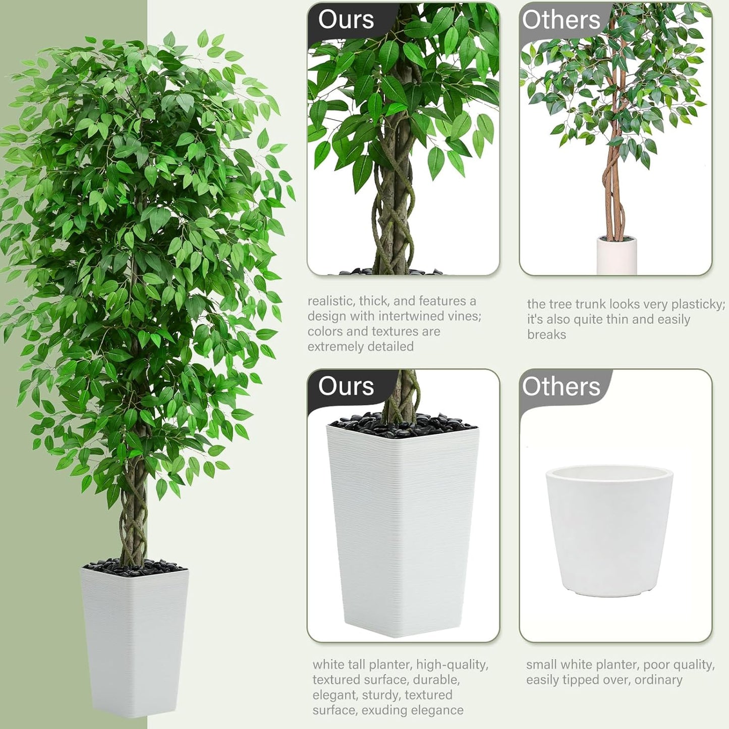 Artificial Ficus Tree Indoor, 6FT Realistic Large Fake Trees | Lifelike Lush Faux Silk Ficus Plant with White Planter, Tall Artificial Plants for Home Room House Office Greenery Decor