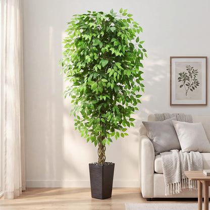 Artificial Ficus Tree Indoor, 6FT Realistic Large Fake Trees | Lifelike Lush Faux Silk Ficus Plant with White Planter, Tall Artificial Plants for Home Room House Office Greenery Decor
