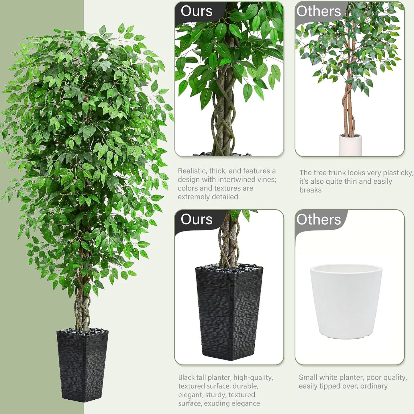 Artificial Ficus Tree Indoor, 6FT Realistic Large Fake Trees | Lifelike Lush Faux Silk Ficus Plant with White Planter, Tall Artificial Plants for Home Room House Office Greenery Decor
