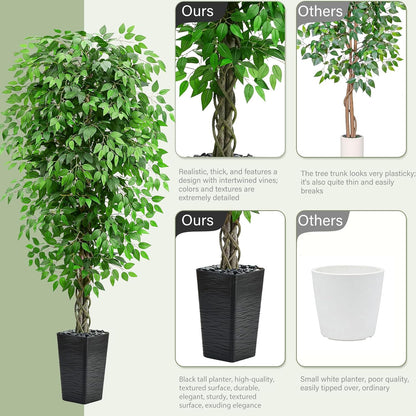Artificial Ficus Tree Indoor, 6FT Realistic Large Fake Trees | Lifelike Lush Faux Silk Ficus Plant with White Planter, Tall Artificial Plants for Home Room House Office Greenery Decor