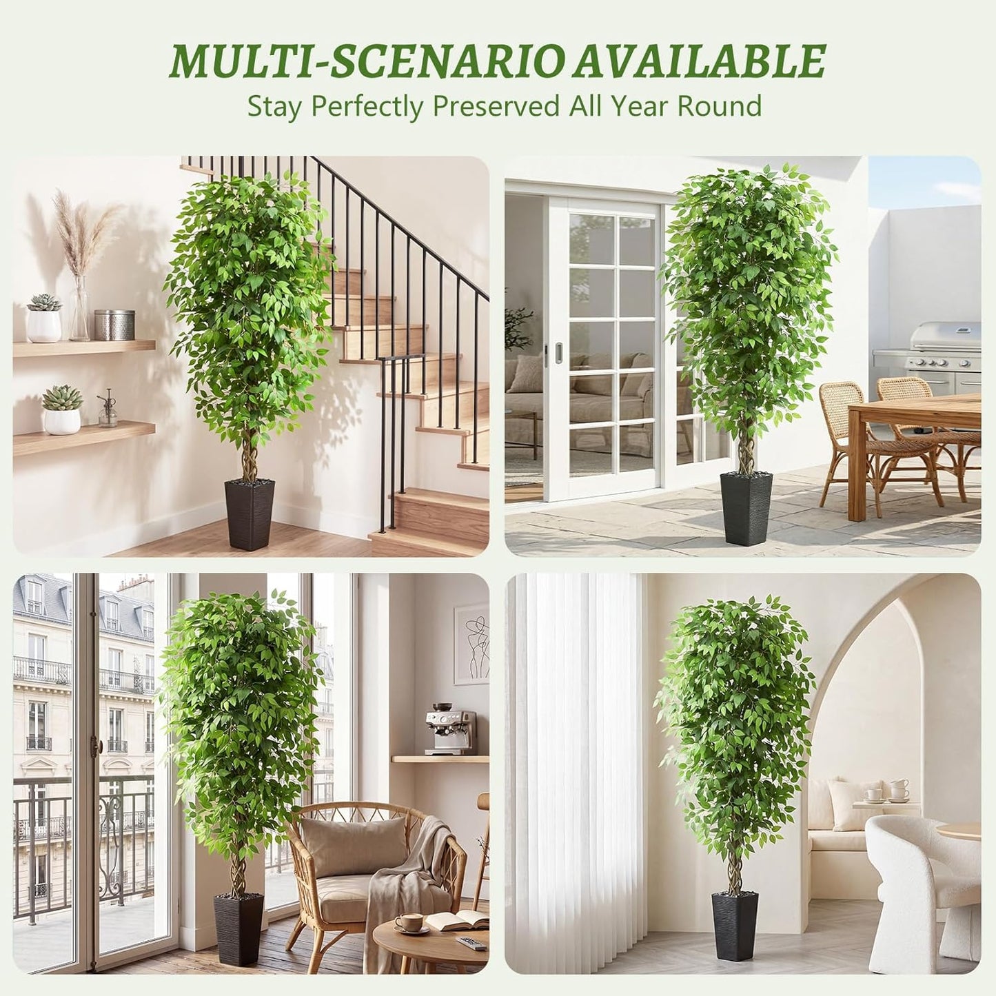 Artificial Ficus Tree Indoor, 6FT Realistic Large Fake Trees | Lifelike Lush Faux Silk Ficus Plant with White Planter, Tall Artificial Plants for Home Room House Office Greenery Decor