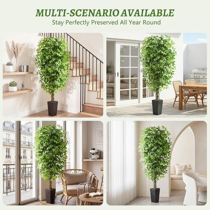 Artificial Ficus Tree Indoor, 6FT Realistic Large Fake Trees | Lifelike Lush Faux Silk Ficus Plant with White Planter, Tall Artificial Plants for Home Room House Office Greenery Decor