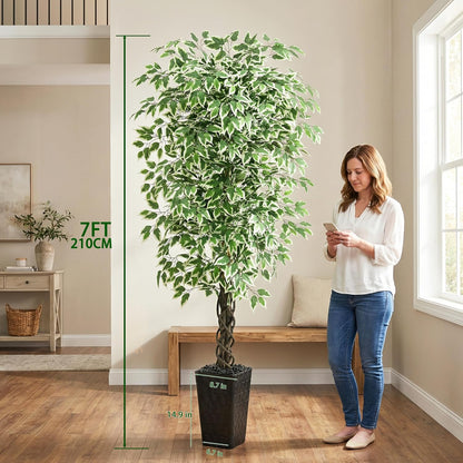 Artificial Ficus Tree Indoor, 6FT Realistic Large Fake Trees | Lifelike Lush Faux Silk Ficus Plant with White Planter, Tall Artificial Plants for Home Room House Office Greenery Decor