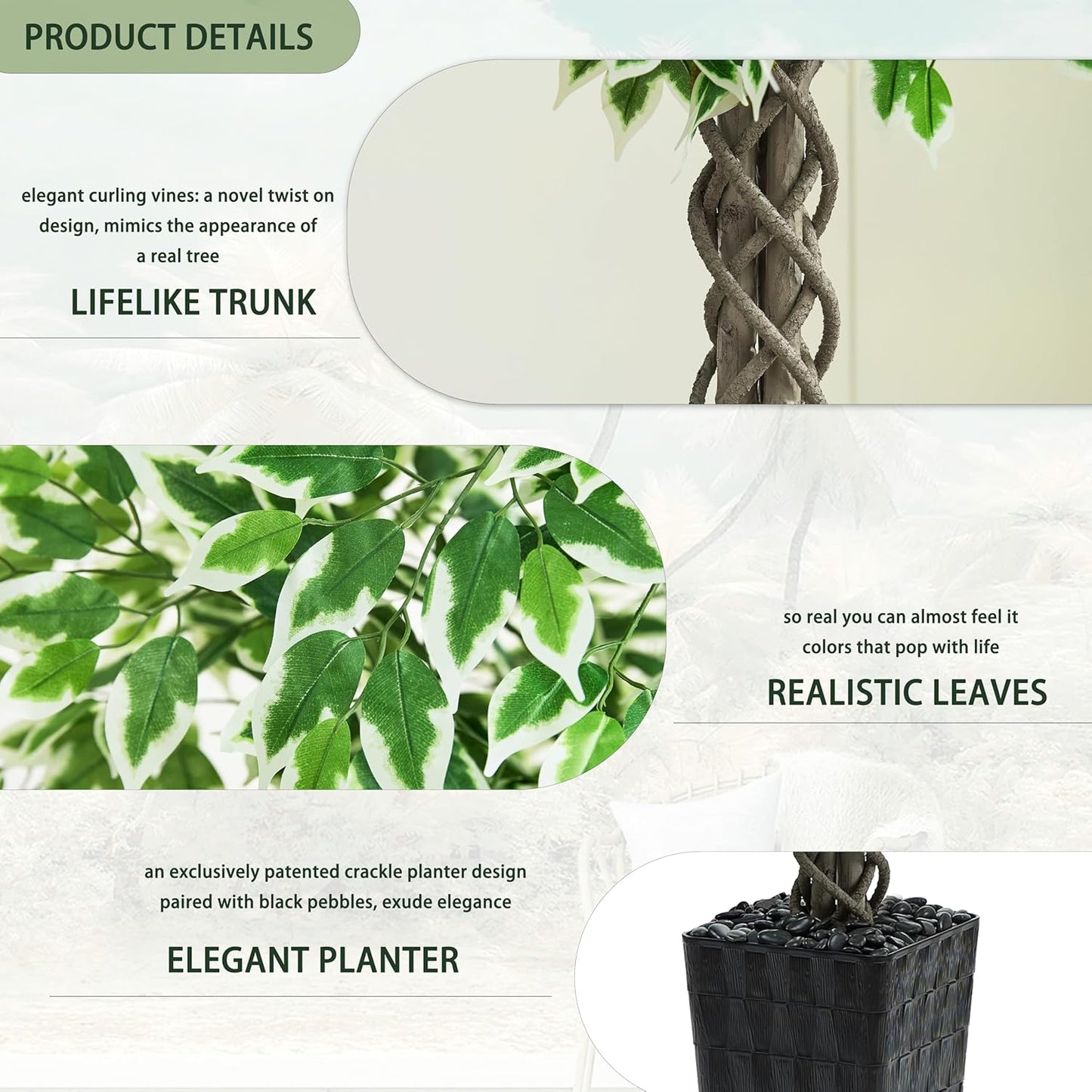 Artificial Ficus Tree Indoor, 6FT Realistic Large Fake Trees | Lifelike Lush Faux Silk Ficus Plant with White Planter, Tall Artificial Plants for Home Room House Office Greenery Decor