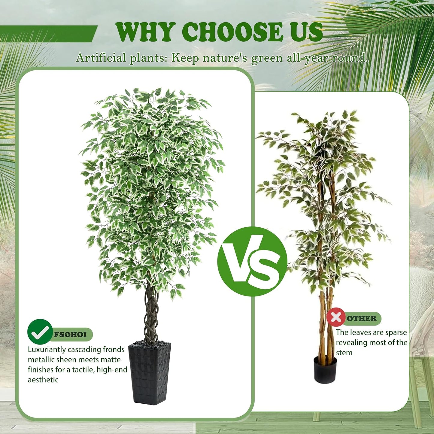 Artificial Ficus Tree Indoor, 6FT Realistic Large Fake Trees | Lifelike Lush Faux Silk Ficus Plant with White Planter, Tall Artificial Plants for Home Room House Office Greenery Decor