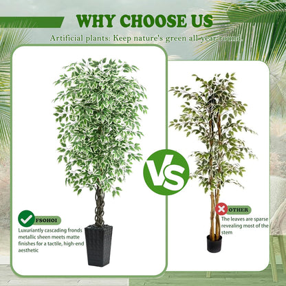 Artificial Ficus Tree Indoor, 6FT Realistic Large Fake Trees | Lifelike Lush Faux Silk Ficus Plant with White Planter, Tall Artificial Plants for Home Room House Office Greenery Decor